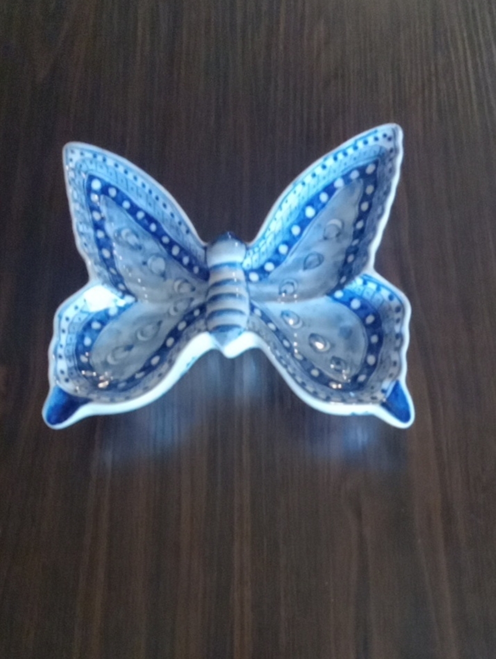 Vintage Thai Hand-Painted Blue & White Ceramic Butterfly Dish